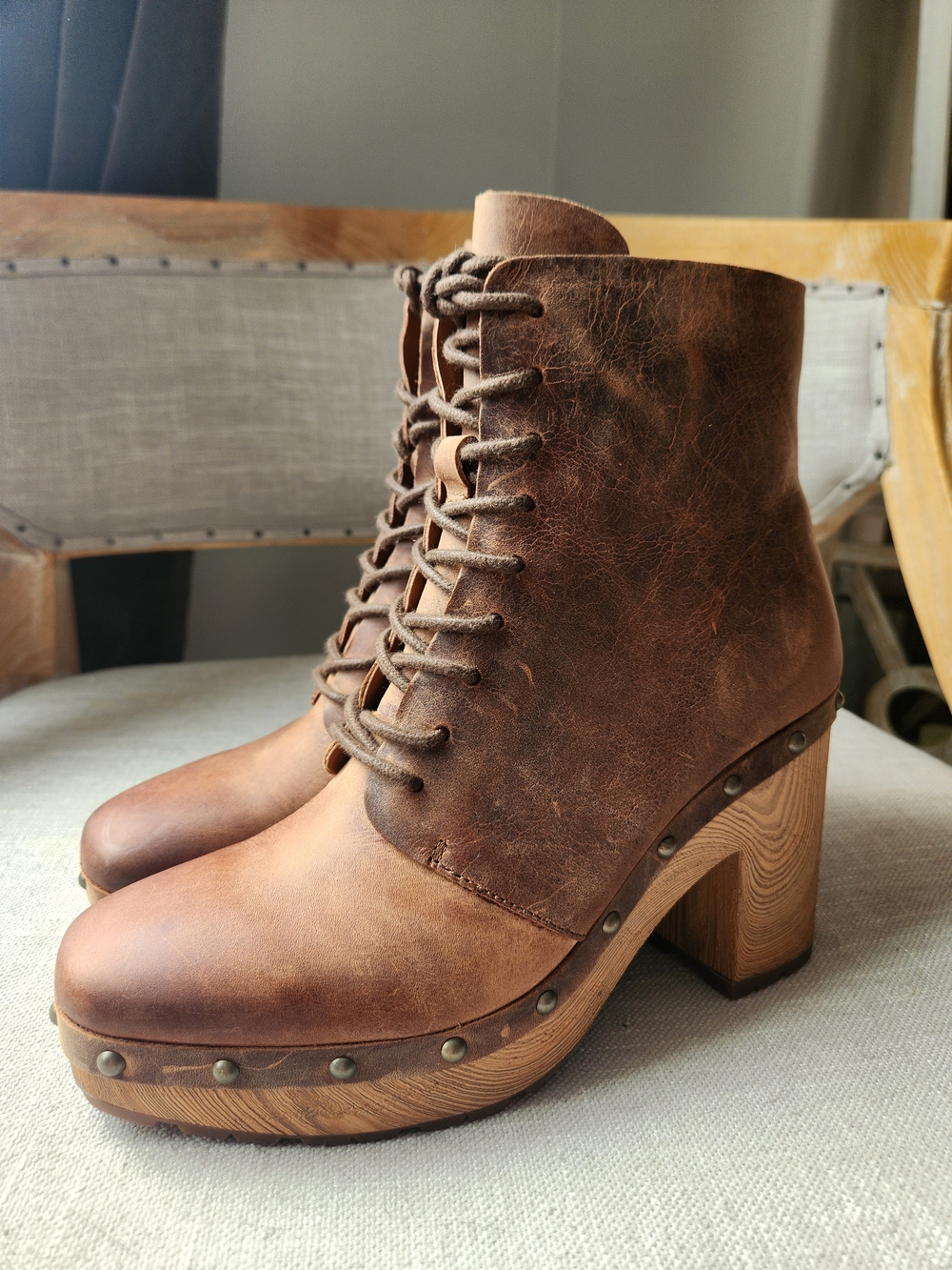 Kork-Ease Brown Leather Lace-Up Platform Booties Shearborn 7.5 Boho Clog Boot - Picture 3 of 13